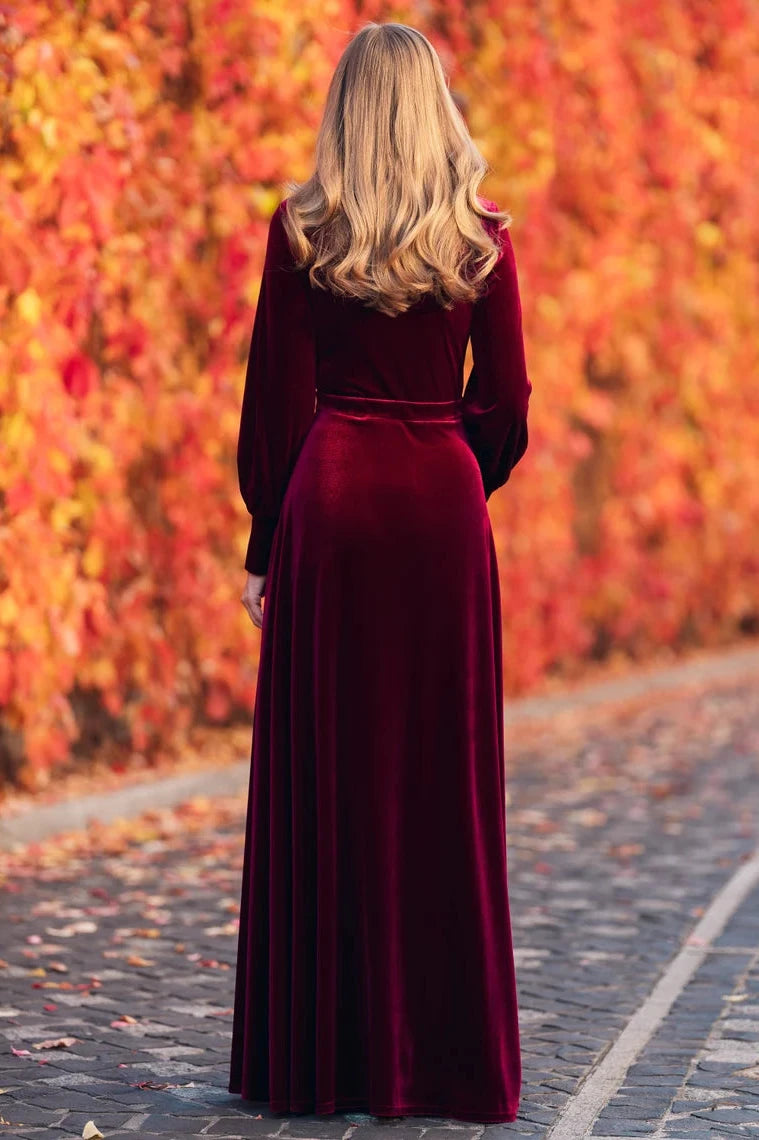 Velvet Dress Plum Burgundy Long Dress Bridesmaid Velvet Dress Wedding Guest Dress Velvet Slit Dress Maxi Dress Evening Dress Long Sleeve